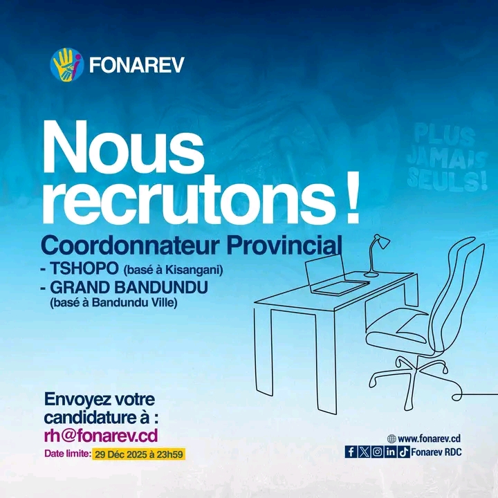 Le FONAREV recrute 2 Coordonnateurs(trices) Provinciaux(ales).